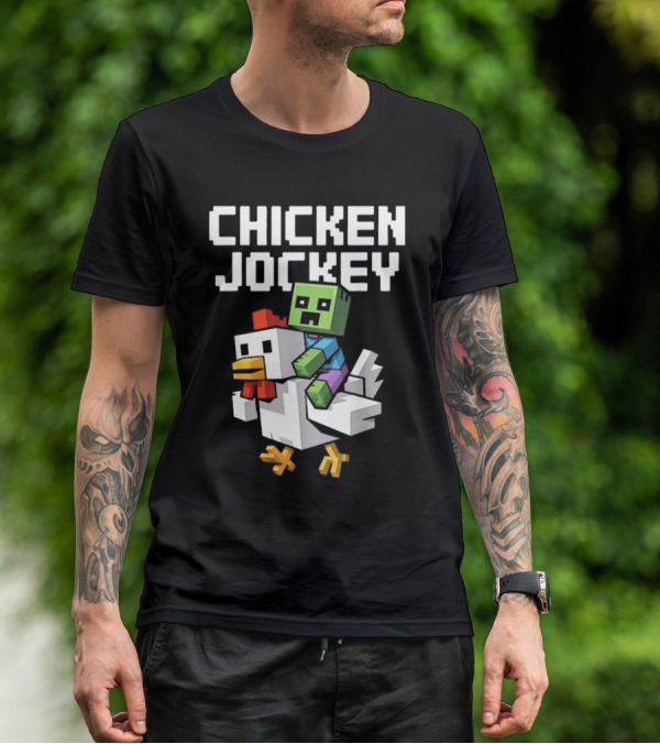 CHICKEN JOCKEY Pixelated Green Zombie Riding White Chicken T-Shirt