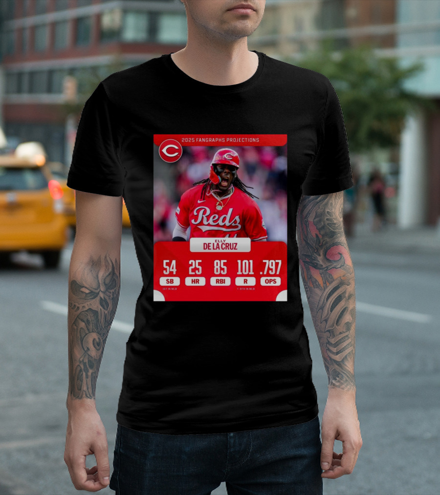 Cincinnati Reds Elly De La Cruz 2025 Fangraphs Projections 54 SB 25 HR 85 RNI T-Shirt