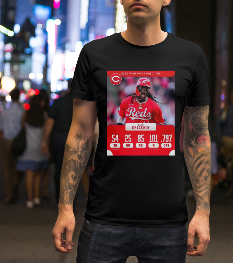 Cincinnati Reds Elly De La Cruz 2025 Fangraphs Projections 54 SB 25 HR 85 RNI T-Shirt