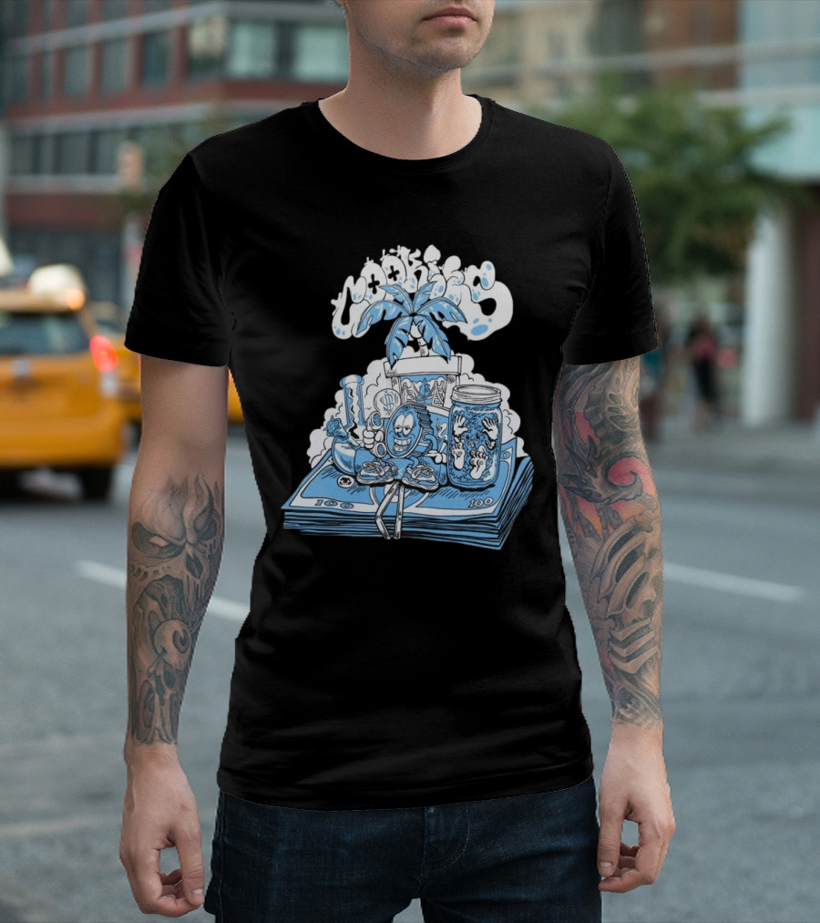 Cookiessf Laid Back Smoking Character With Money And Marijuana Elements T-Shirt