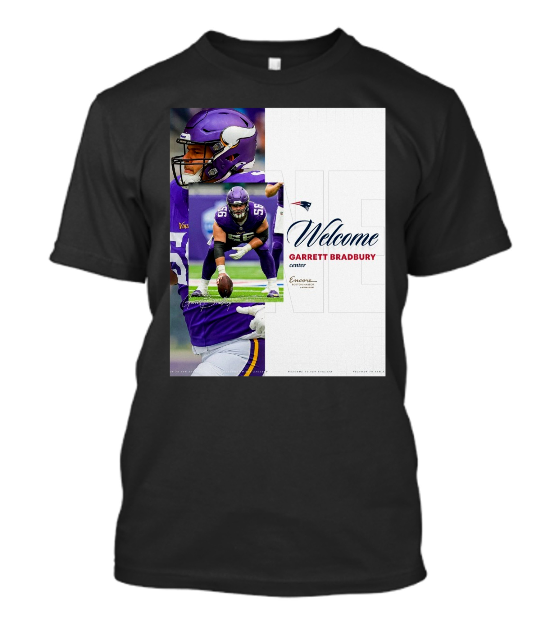 Ew England Patriots Welcome Garrett Bradbury Center Encore Boston Harbor Signature T-Shirt