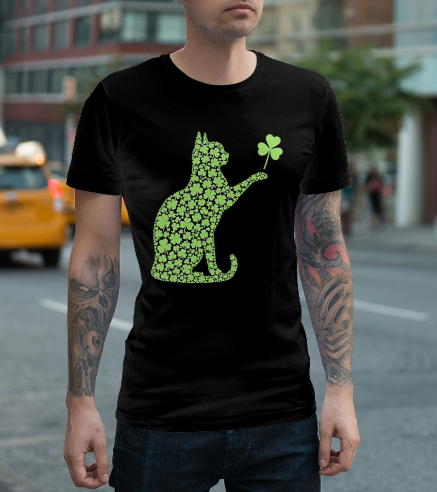 Funny St. Patrick’S Day Shamrock Cat Irish T-Shirt