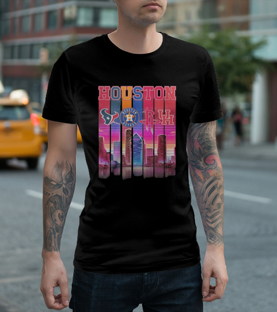 Houston Retro Skyline Texans Astros Rockets And Cougars T-Shirt