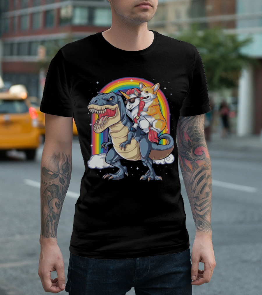 Corgi Unicorn with Sunglasses Riding Dinosaur in Front of Rainbow T-Shirt