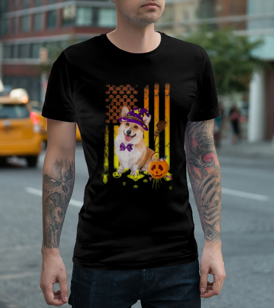 Welsh Corgi Halloween Witch Hat USA Pumpkin Flag T-Shirt
