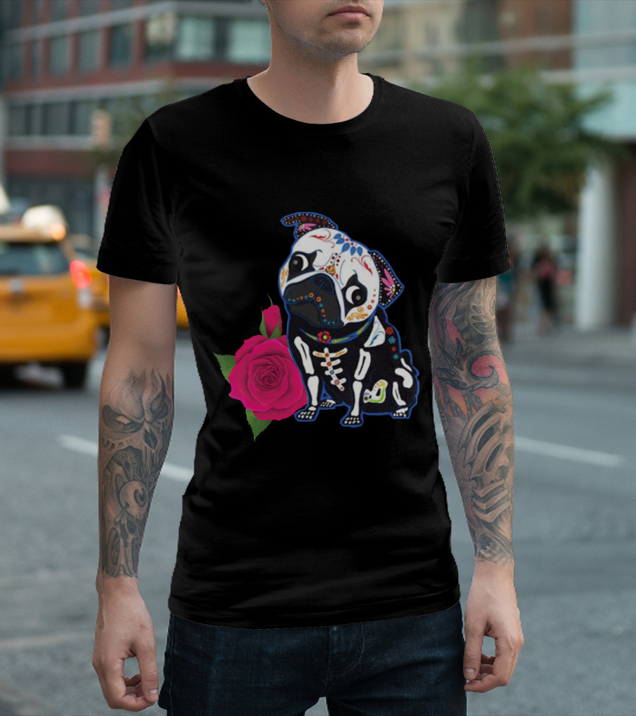 Day of the Dead Sugar Skull Pug with Rose T-Shirt