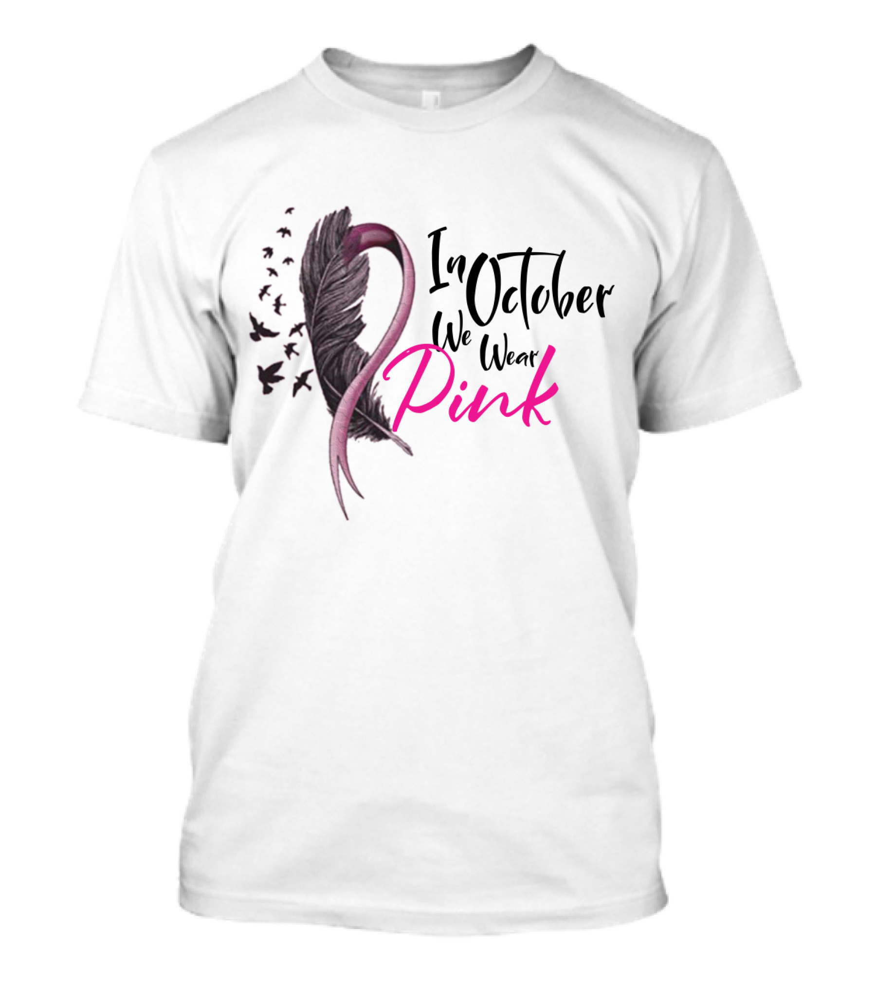 In October We Wear Pink Breast Cancer Awareness Feather And Birds T-Shirt