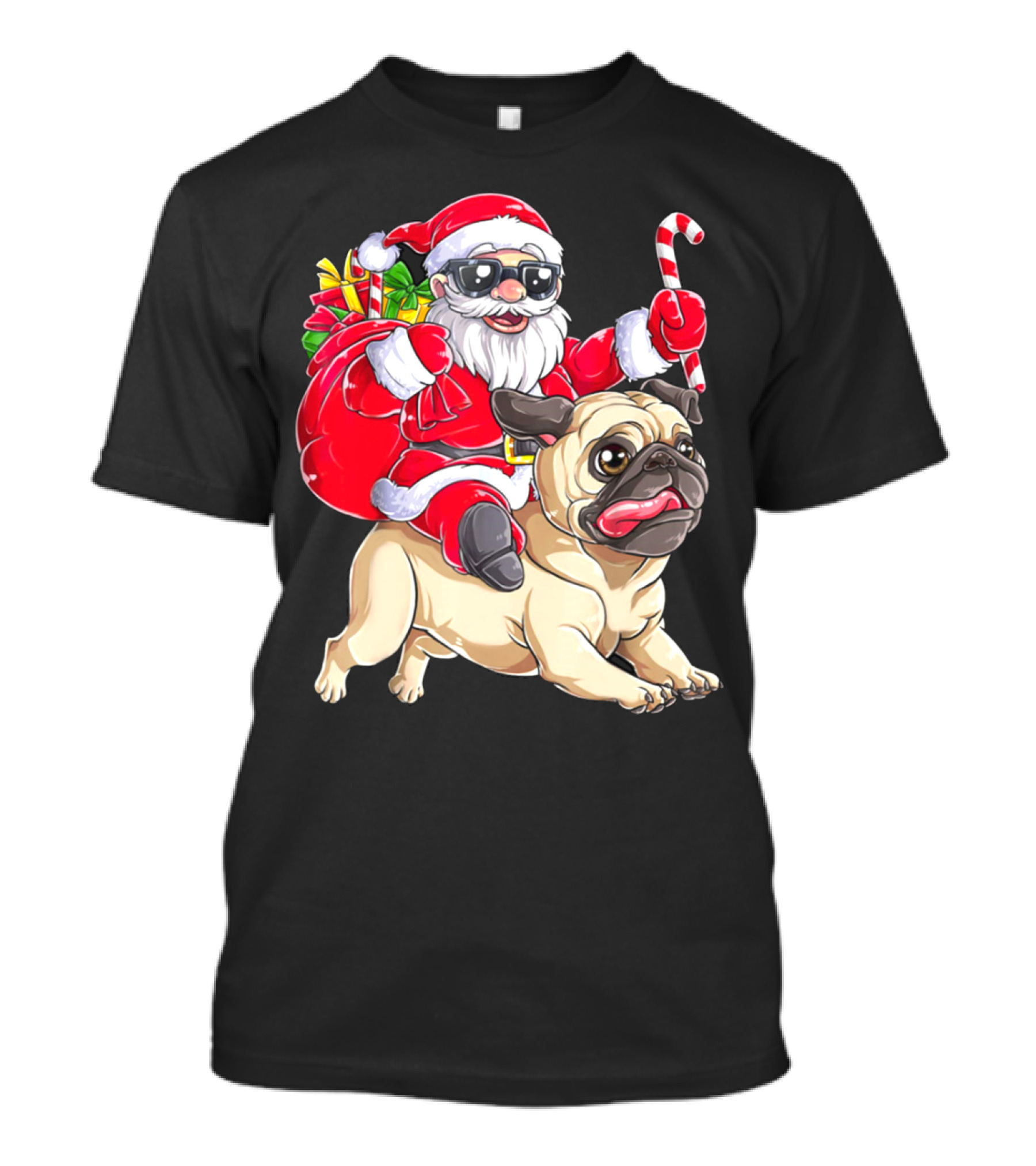 Santa Riding Pug With Candy Cane And Gifts T-Shirt