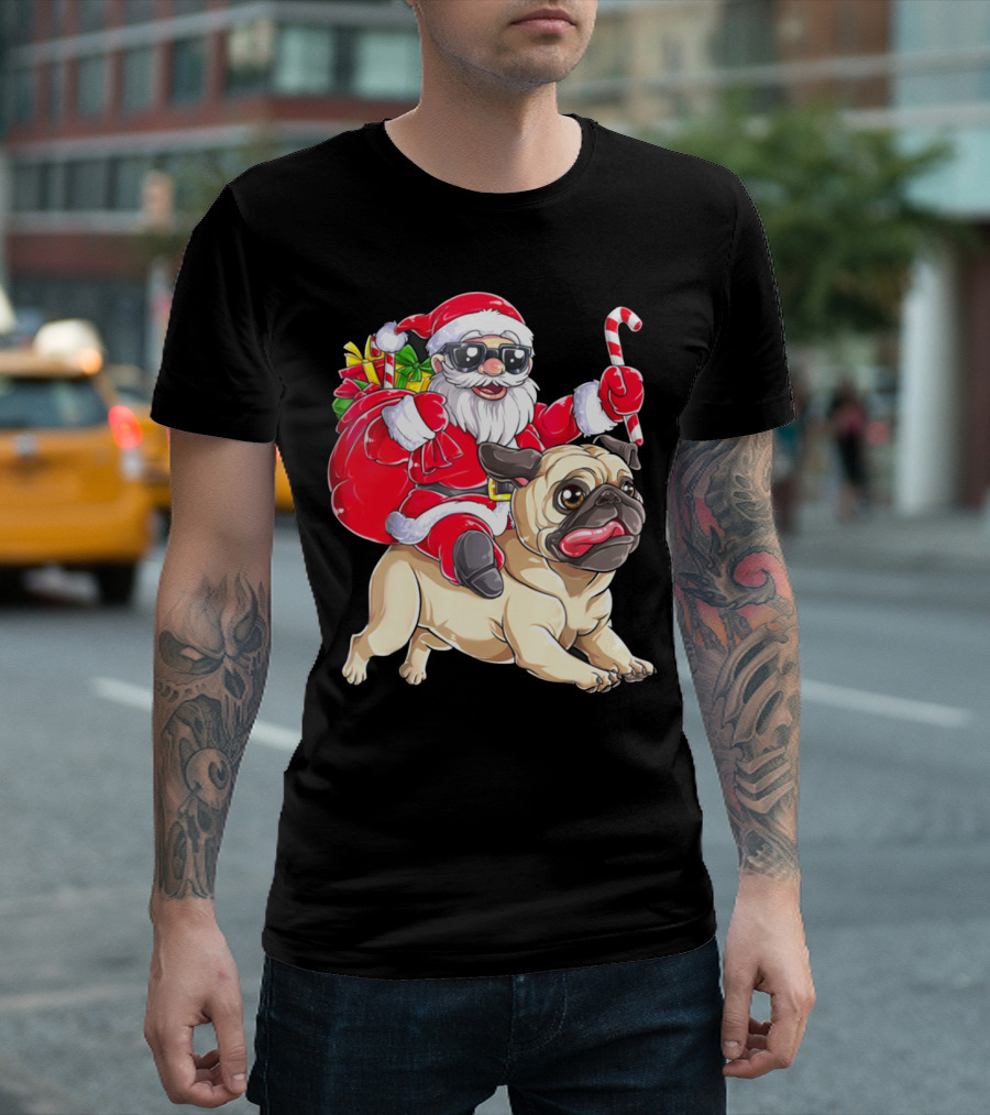 Santa Riding Pug With Candy Cane And Gifts T-Shirt