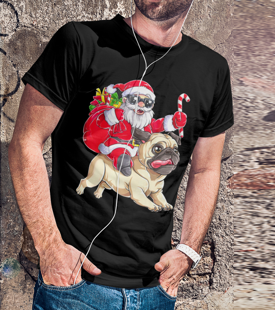 Santa Riding Pug With Candy Cane And Gifts T-Shirt