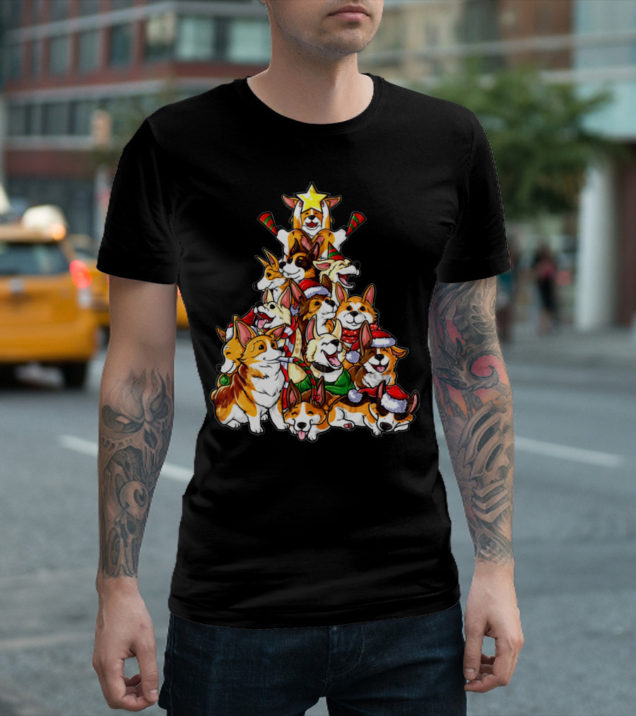 Corgi Christmas Tree with Santa Hats and Candy Canes T-Shirt