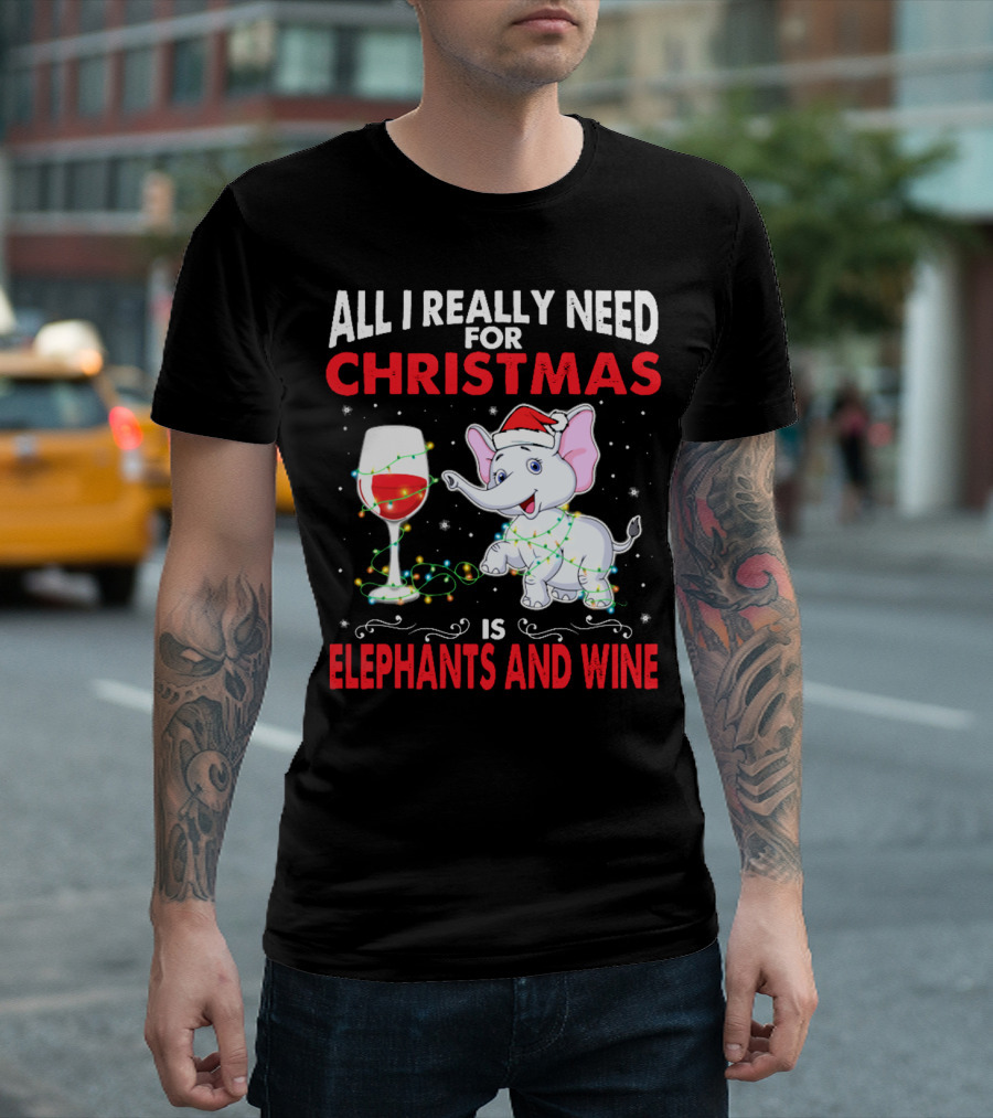 Elephant Lover Christmas Elephants and Wine T-Shirt