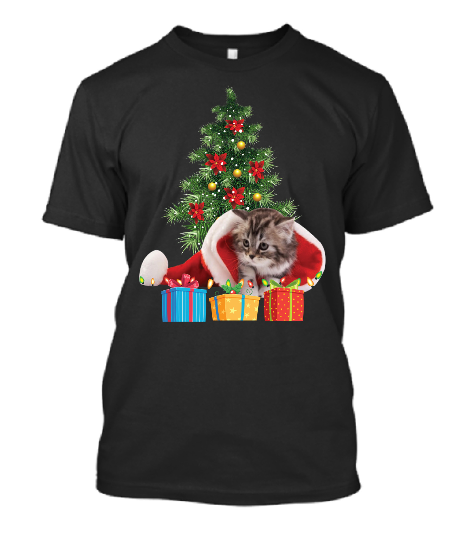 Maine Coon Cat Lover Christmas Santa Hat Tree Gifts T-Shirt