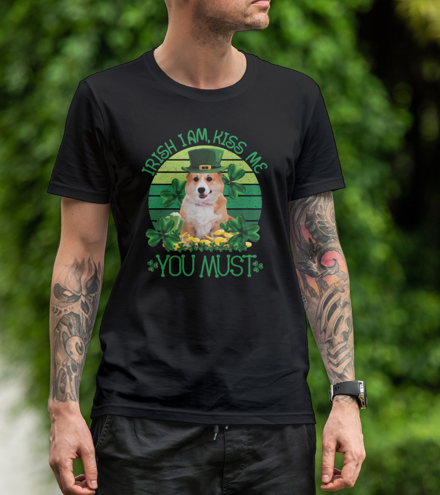 Irish I Am Kiss Me You Must Leprechaun Dog In Hat With Shamrocks And Gold Coins T-Shirt