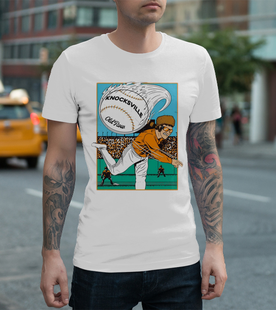 Knocksville Old Row Baseball Pitcher with Swirling Fastball and Spectator Crowd T-Shirt