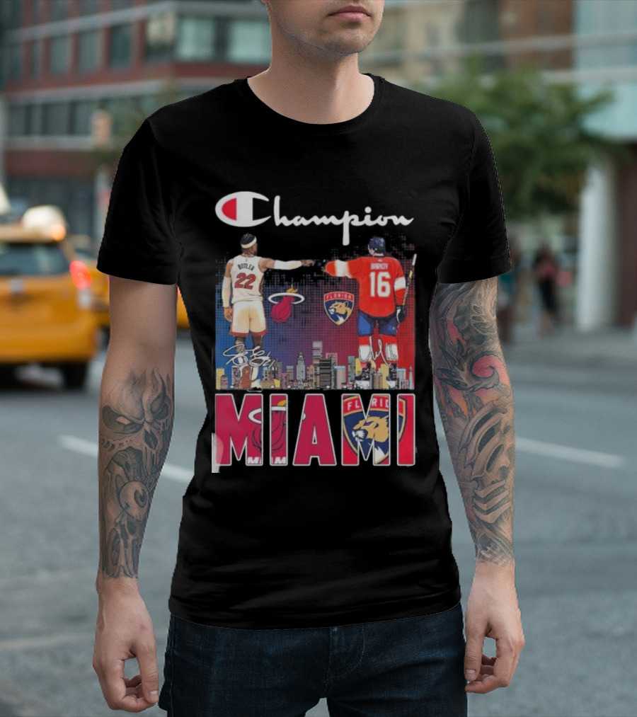 Champion Miami Skyline Signatures 22 Jimmy Butler 16 Aleksander Barkov Sports T-Shirt