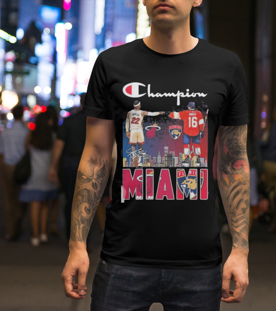 Champion Miami Skyline Signatures 22 Jimmy Butler 16 Aleksander Barkov Sports T-Shirt