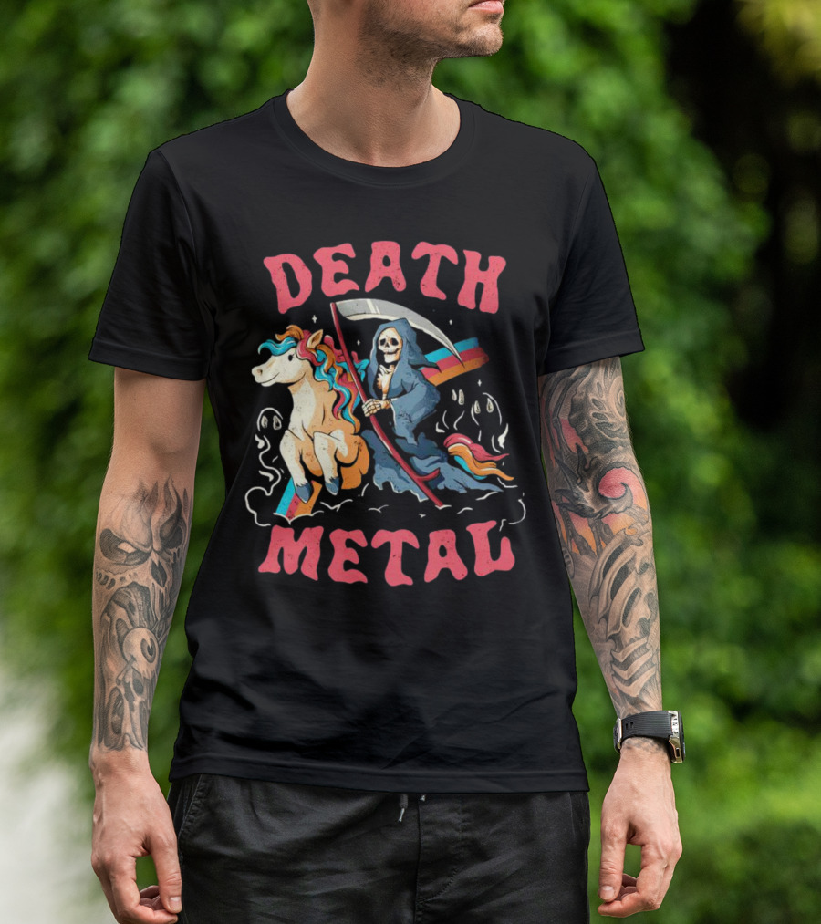 Death Metal Skull Riding Rainbow Unicorn T-Shirt