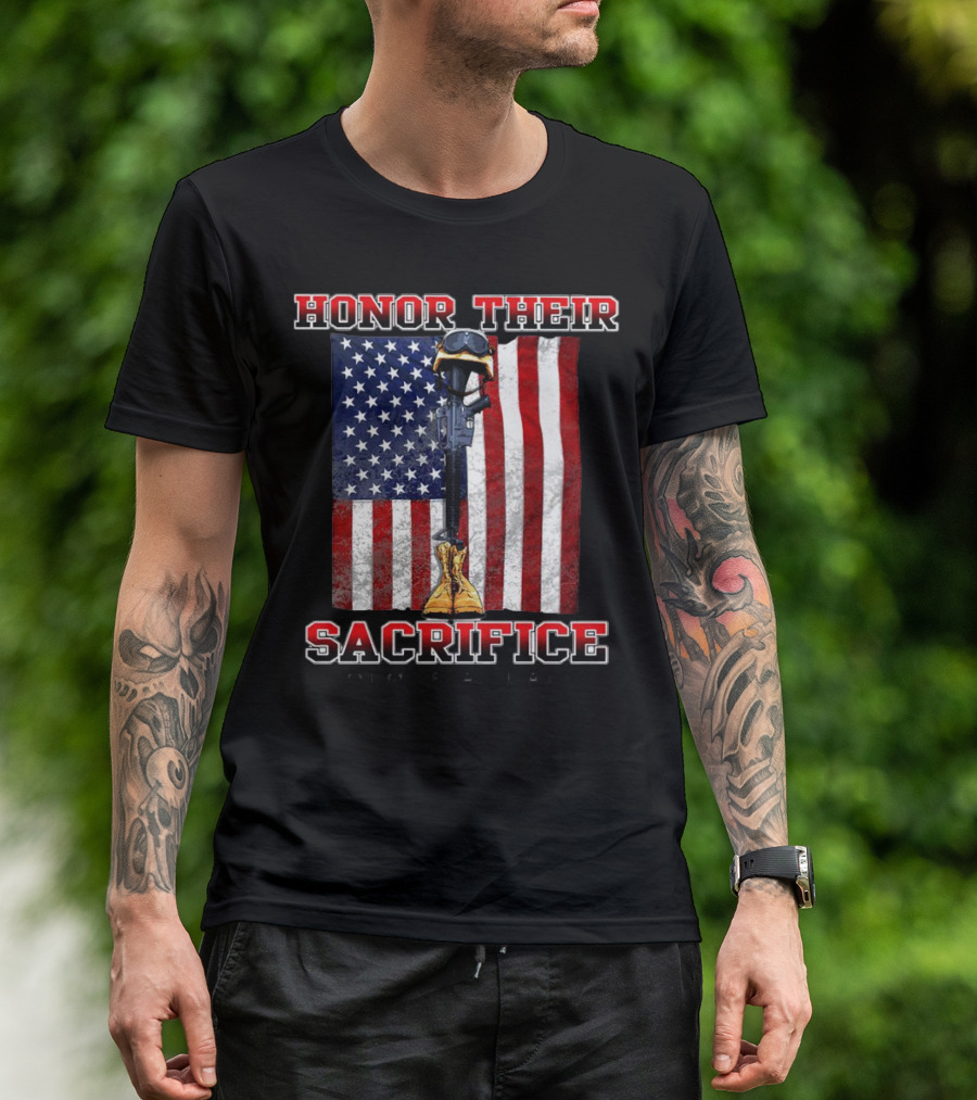 Honor Their Sacrifice Memorial Day American Flag Soldier Helmet Boot Rifle T-Shirt