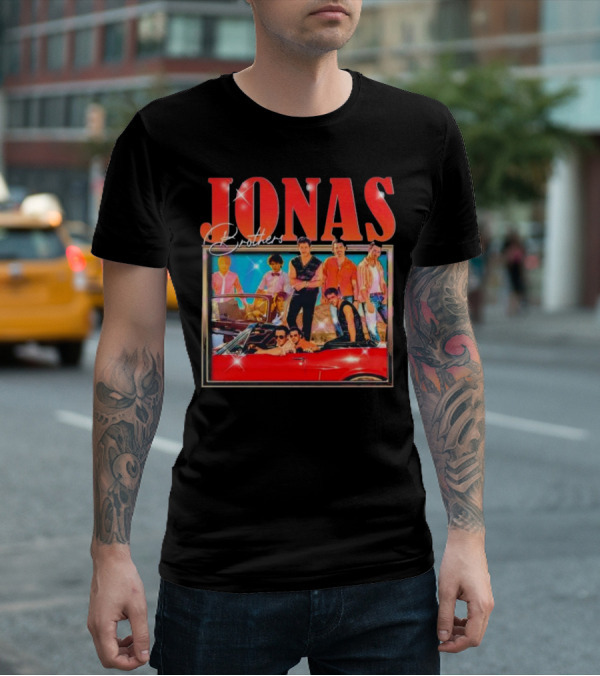 Jonas Brothers Band Retro Group Photo With Red Convertible T-Shirt