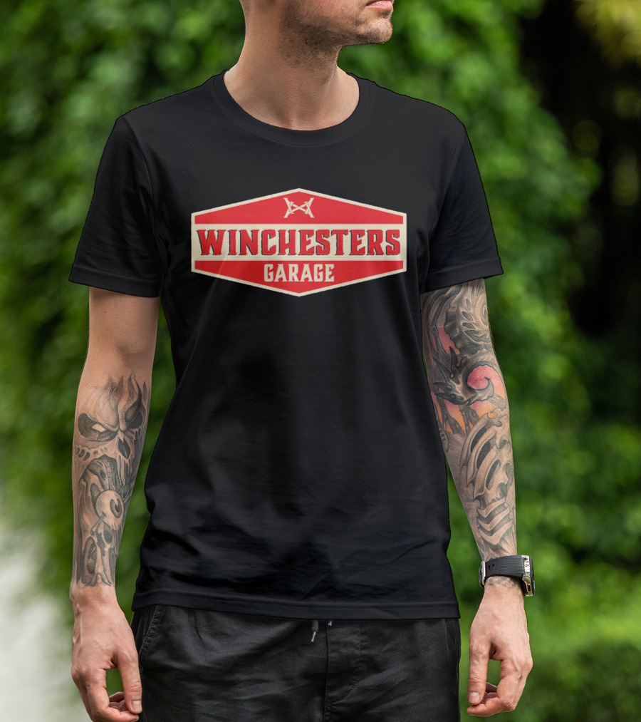 Winchester's Garage Red Hexagonal Shield With Crossed Wrenches T-Shirt