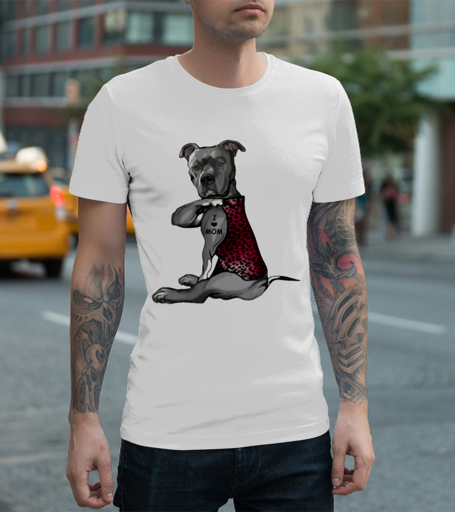 I Love Mom Dog Tattoo Red Leopard Print T-Shirt