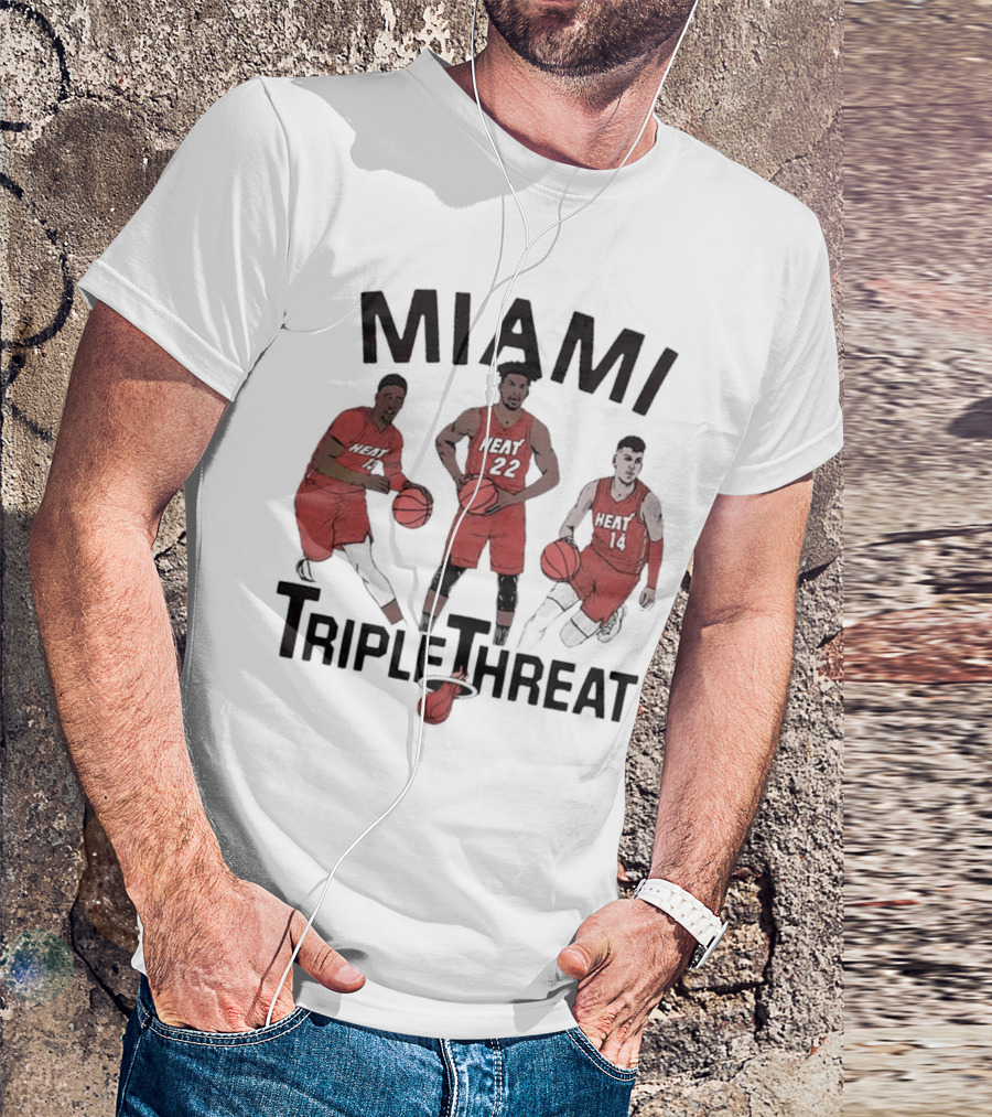 Miami Heat Bam Adebayo Jimmy Butler Tyler Herro Triple Threat T-Shirt