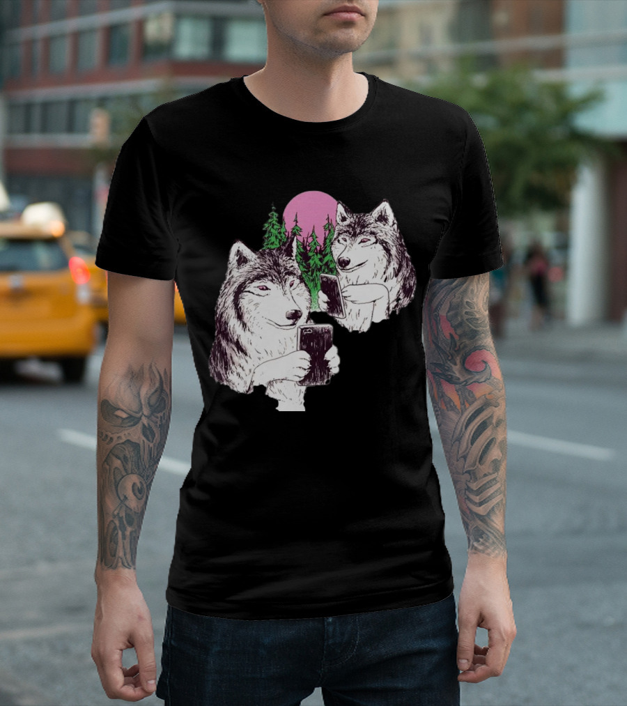 There Are Two Wolves Inside You Both on Smartphones Against a Pink Moon and Pine Trees T-Shirt