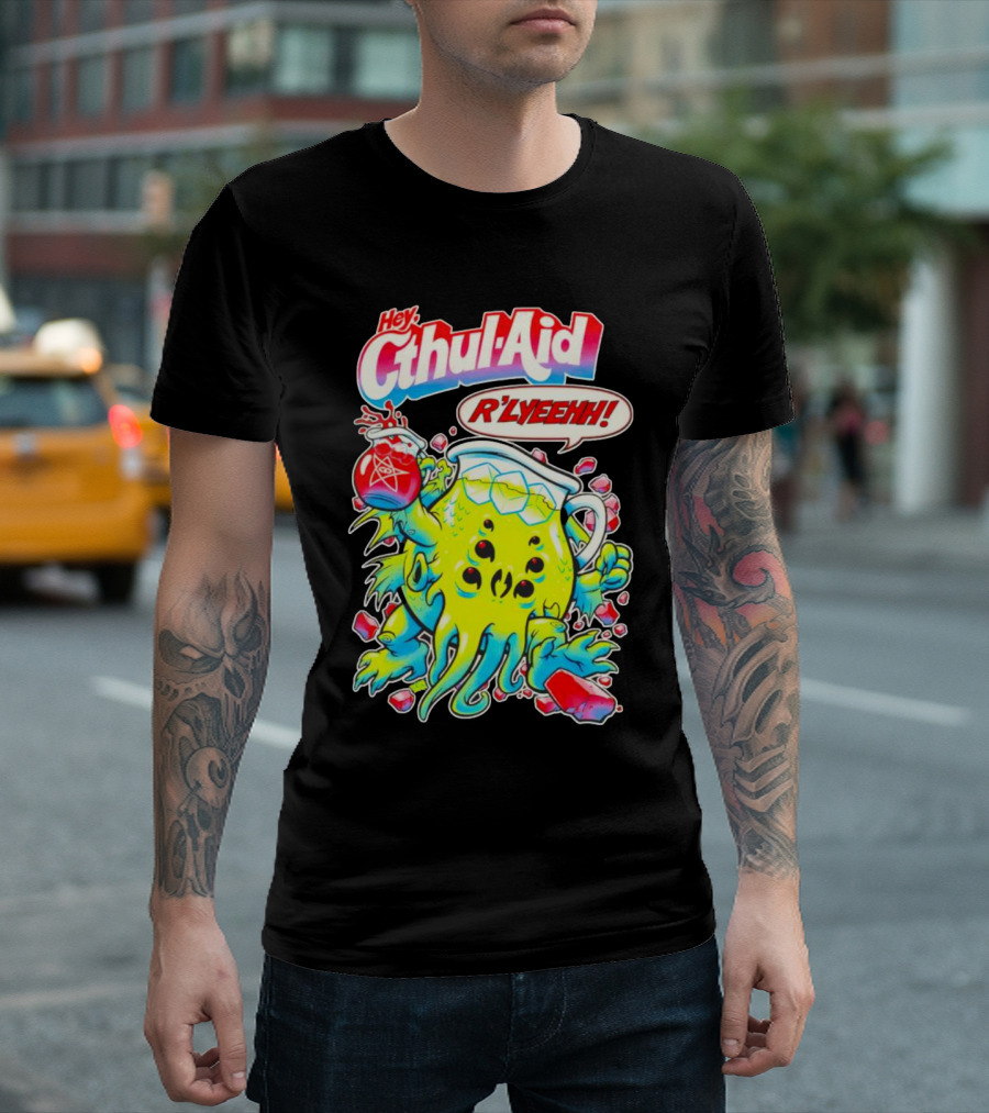 Hey Cthul-Aid R'lyeehh Monster Holding Pentagram Drink with Tentacles T-Shirt