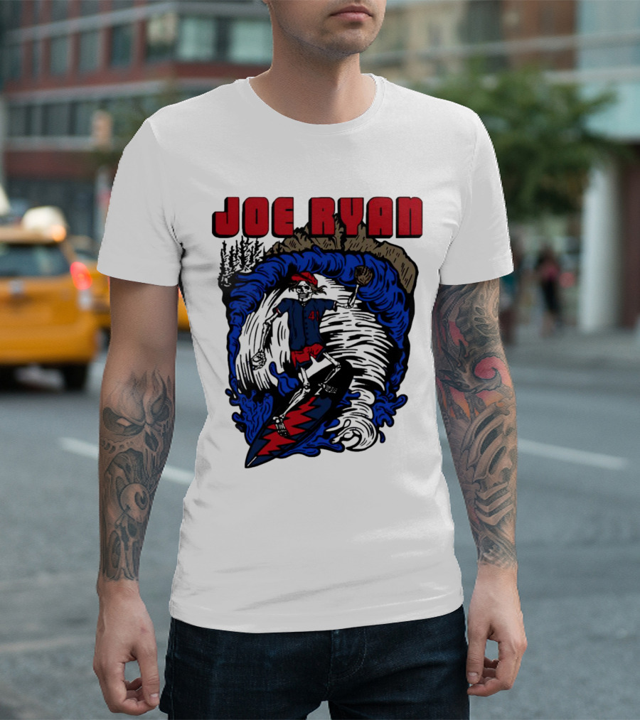 Joe Ryan Grateful Dead Surfing Skeleton Sports Style With Lightning Bolt And Baseball Glove T-Shirt