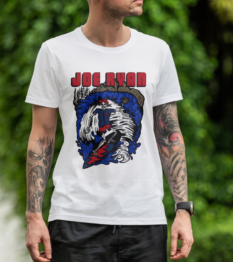 Joe Ryan Grateful Dead Surfing Skeleton Sports Style With Lightning Bolt And Baseball Glove T-Shirt