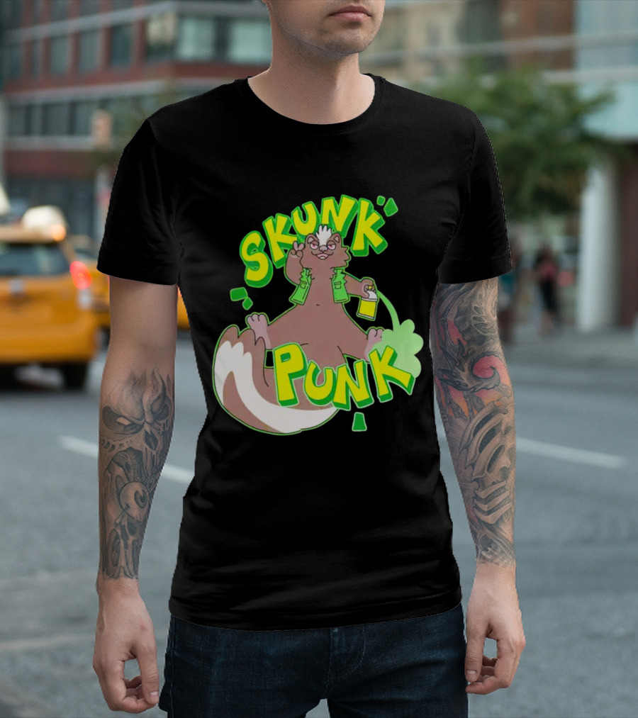 SKUNK PUNK Green Vest Peace Sign Paint Can T-Shirt