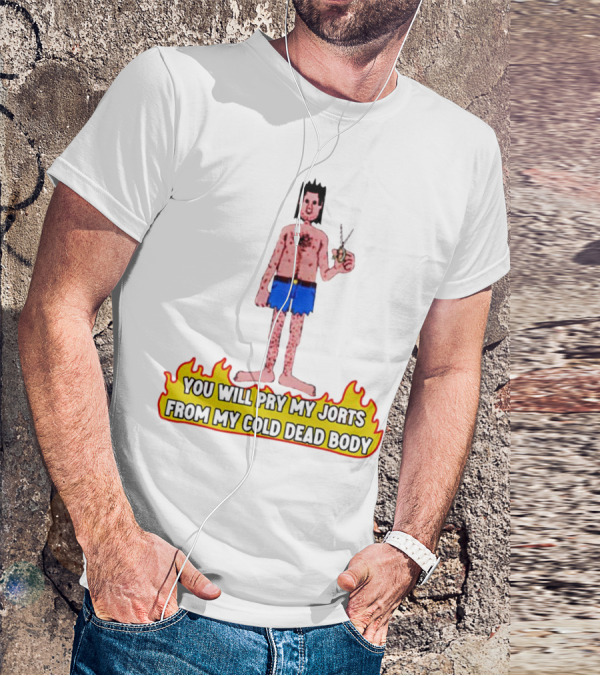 You Will Pry My Jorts From My Cold Dead Body Cartoon Character Holding Scissors In Flames T-Shirt