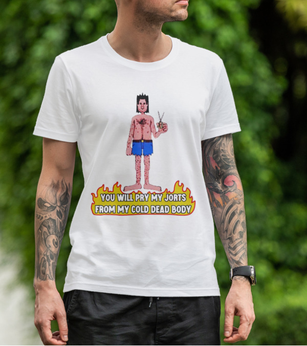 You Will Pry My Jorts From My Cold Dead Body Cartoon Character Holding Scissors In Flames T-Shirt