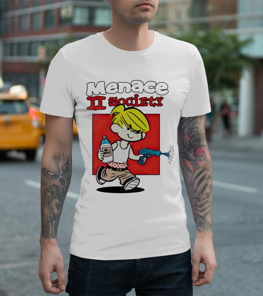 Menace II Society Cartoon Character with Squirt Gun and Milk T-Shirt