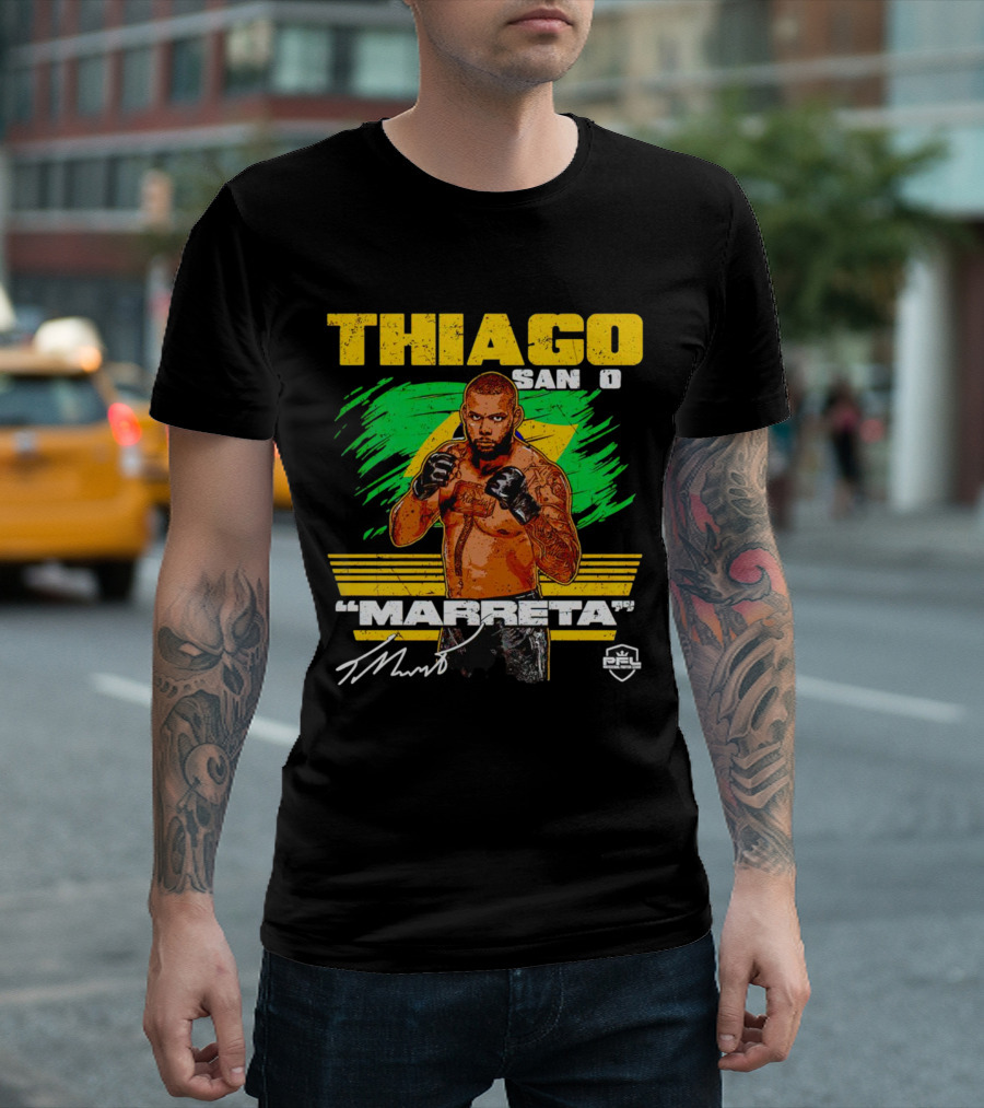 Thiago Santos Marreta PFL Signature MMA Fighter Brazilian Flag Background T-Shirt