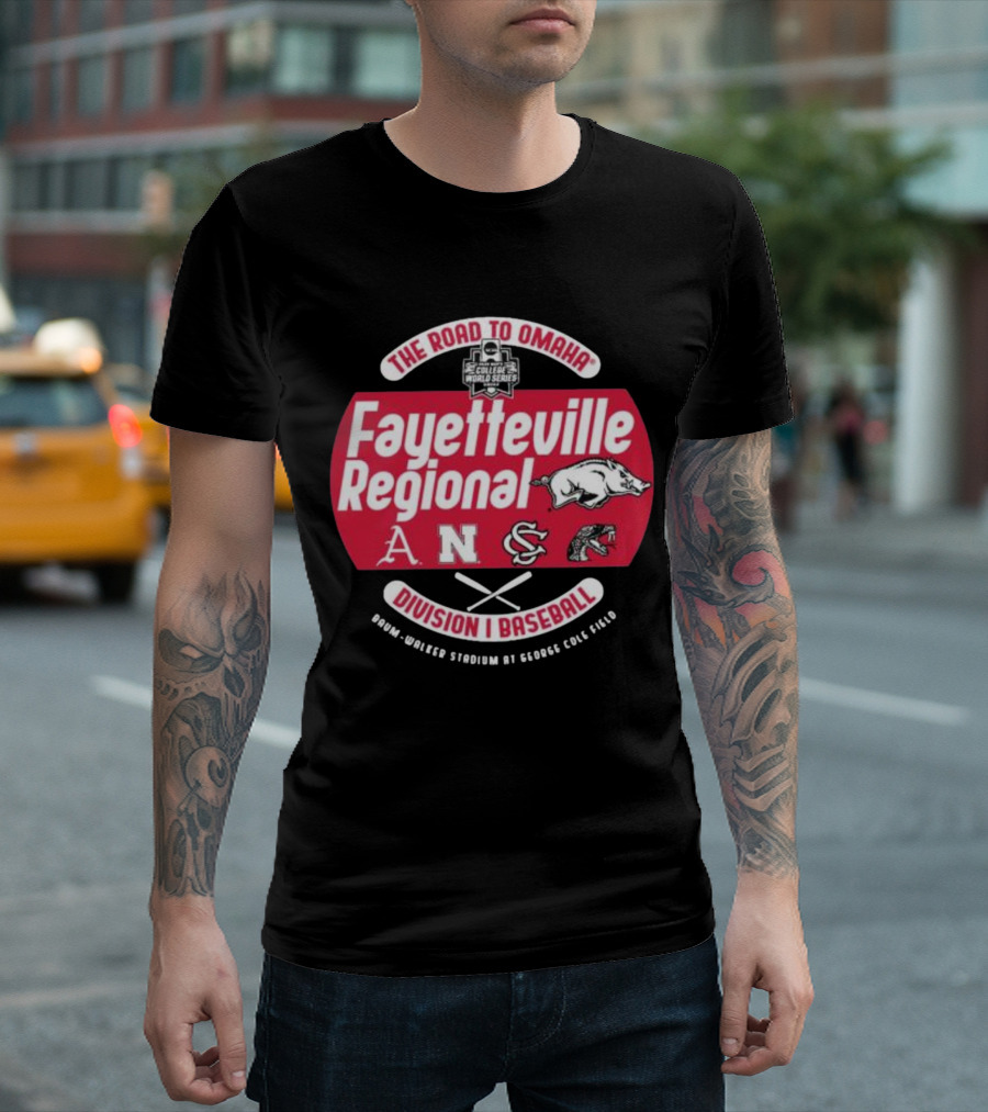 The Road to Omaha Fayetteville Regional Division I Baseball Baum-Walker Stadium at George Cole Field College World Series T-Shirt