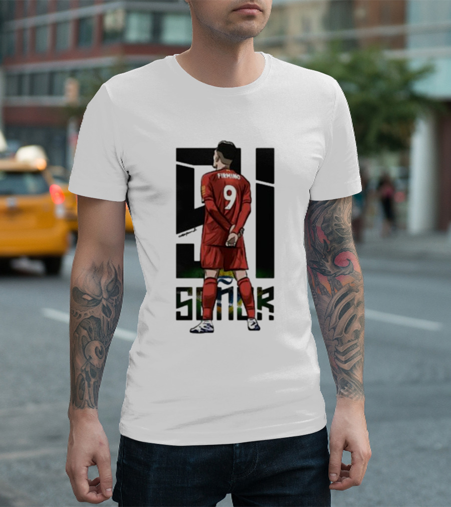 Roberto Firmino Si Señor 9 Football Player In Red Kit With Brazil Flag Background T-Shirt