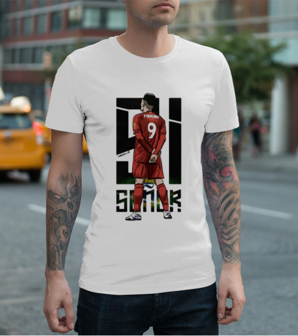 Roberto Firmino Si Señor 9 Football Player In Red Kit With Brazil Flag Background T-Shirt
