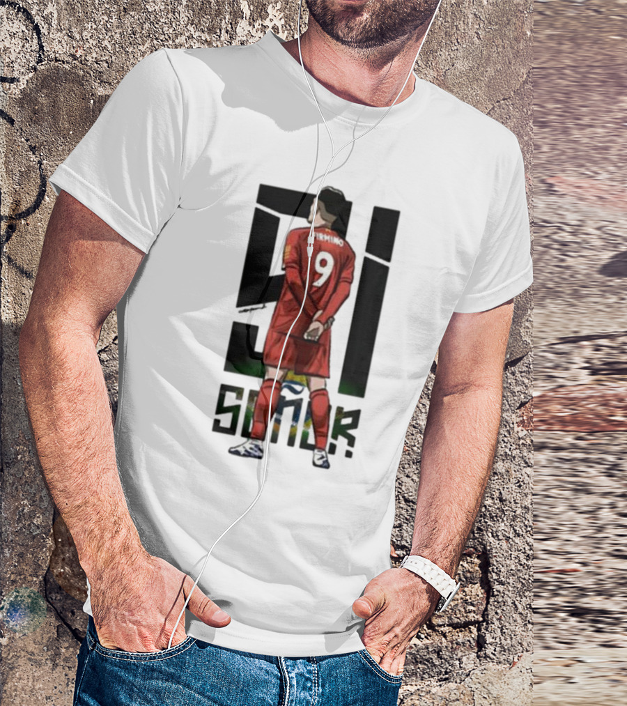 Roberto Firmino Si Señor 9 Football Player In Red Kit With Brazil Flag Background T-Shirt