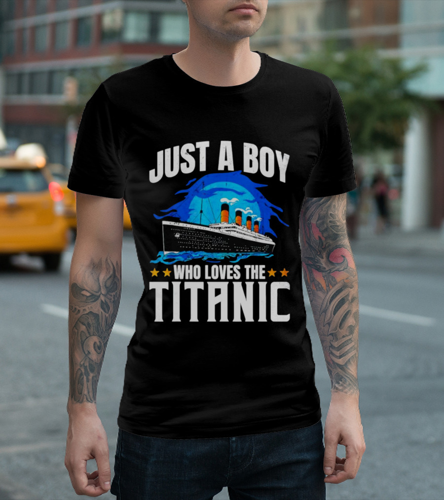 Just A Boy Who Loves The Titanic Ship With Blue Ocean And Stars T-Shirt