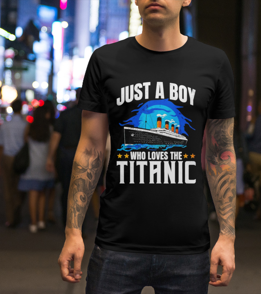 Just A Boy Who Loves The Titanic Ship With Blue Ocean And Stars T-Shirt