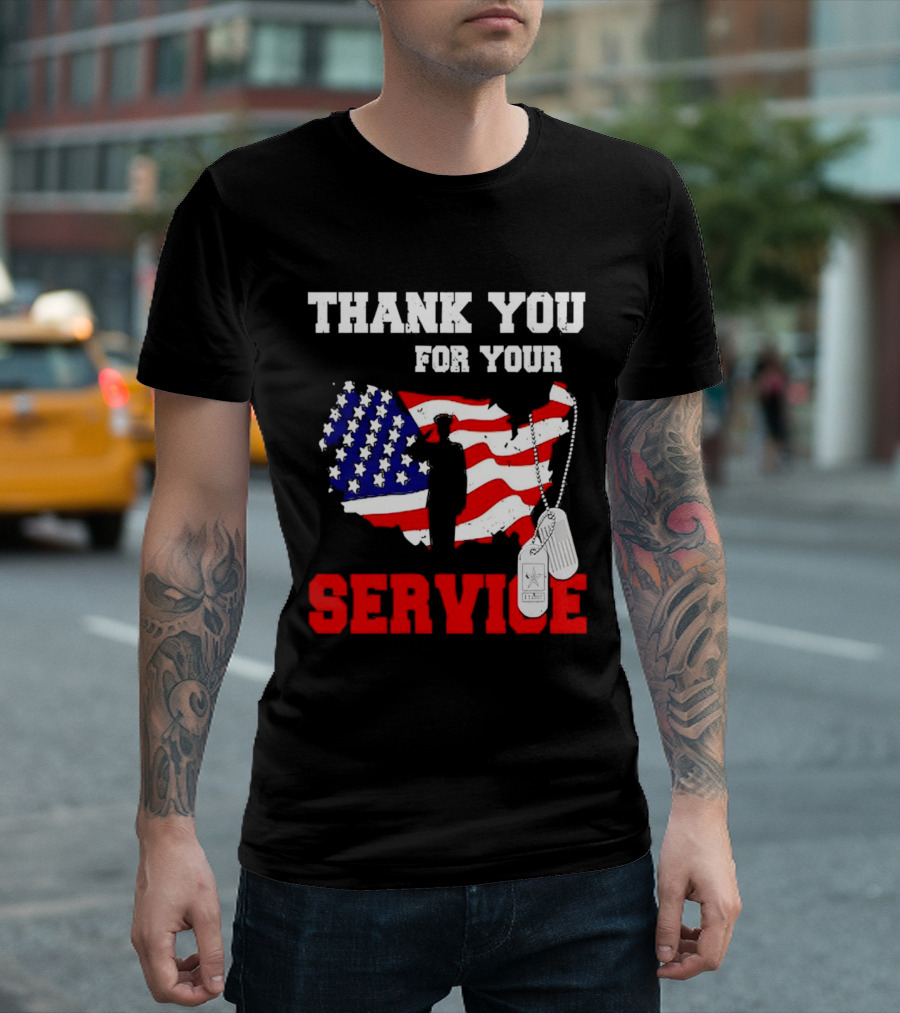 Thank You For Your Service American Flag Silhouette With Dog Tags T-Shirt