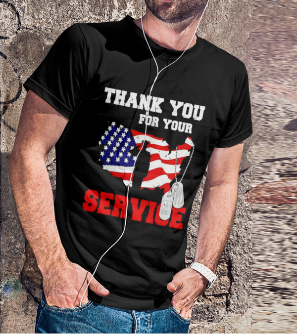 Thank You For Your Service American Flag Silhouette With Dog Tags T-Shirt