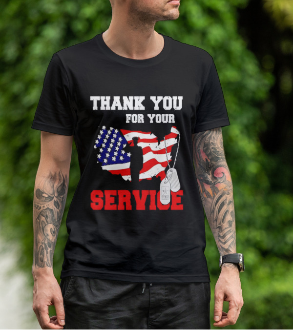 Thank You For Your Service American Flag Silhouette With Dog Tags T-Shirt