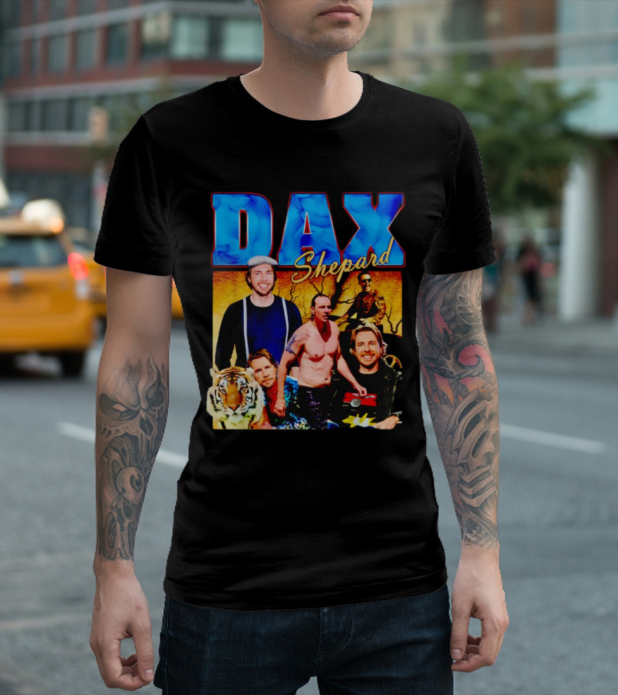 Dax Shepard Vintage Collage with Blue Text and Tiger T-Shirt