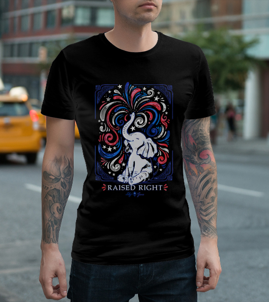 Elephant Raised Right Fireworks Red White Blue Stars T-Shirt