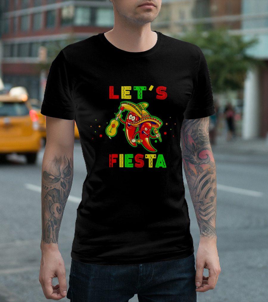 LET’S FIESTA Sombrero Guitar Chilis Cinco de Mayo T-Shirt