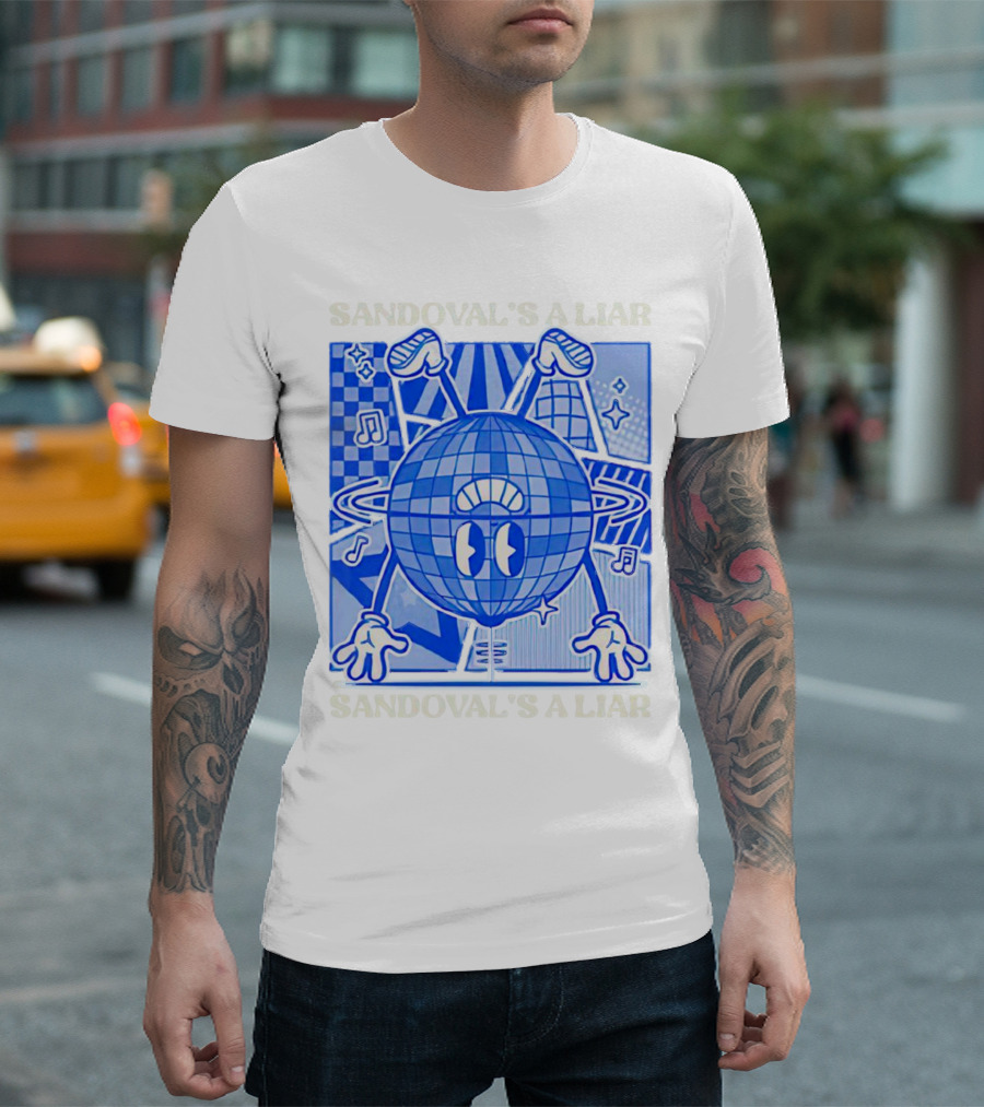 Sandoval's A Liar Blue Globe Cartoon Music Notes Geometric Background T-Shirt