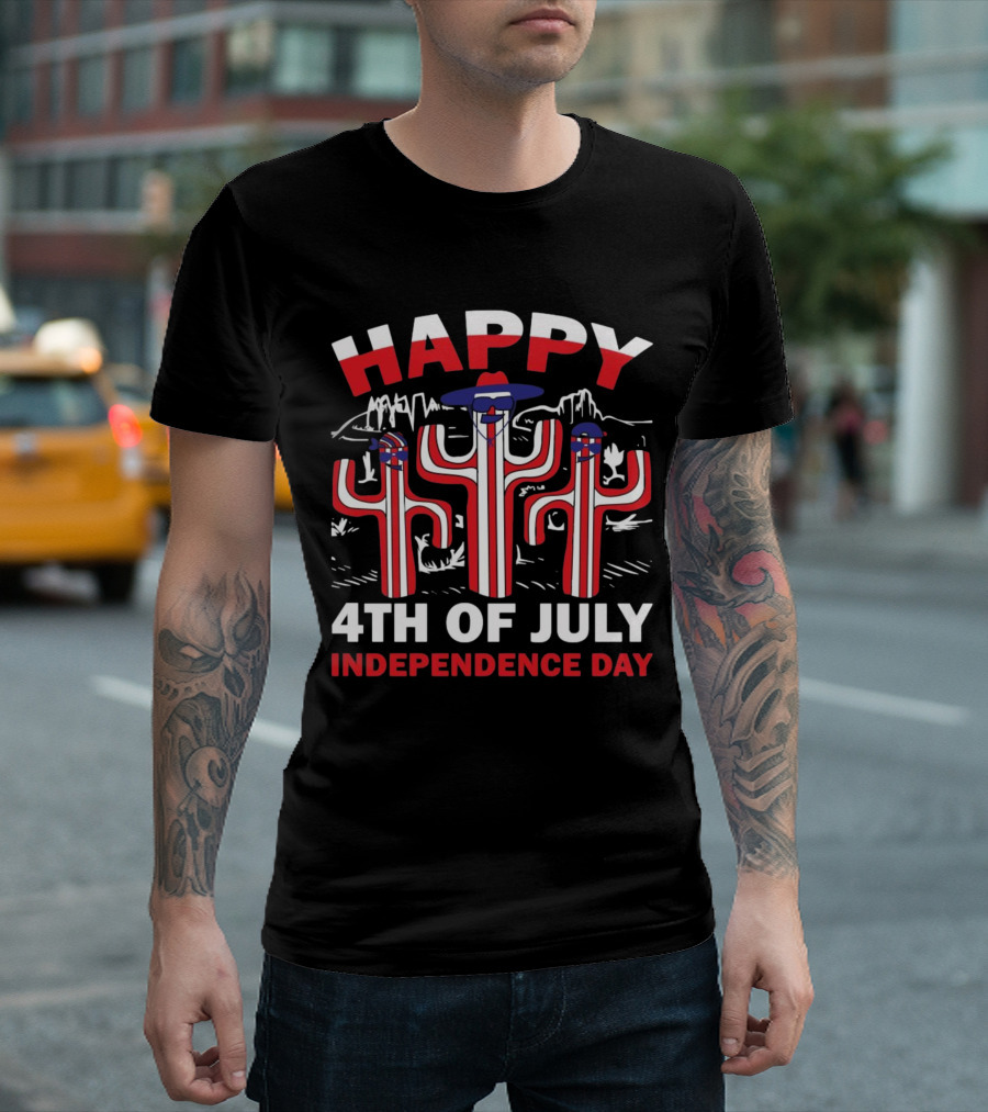 Happy 4th Of July Independence Day Cactus With Flag T-Shirt